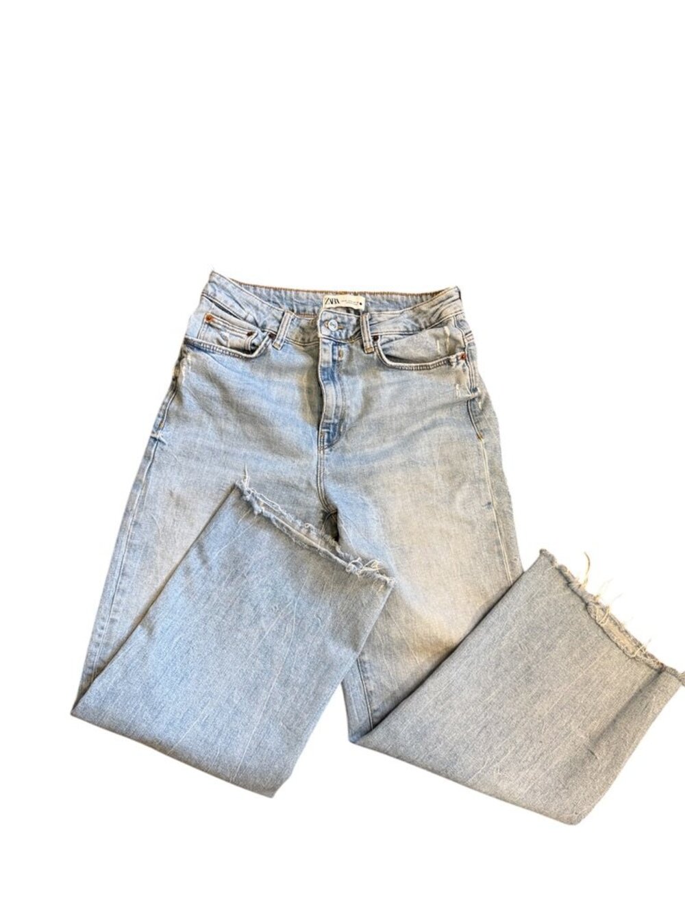ZARA jeans light wash distressed raw hem 5 pocket straight leg high rish Size 8